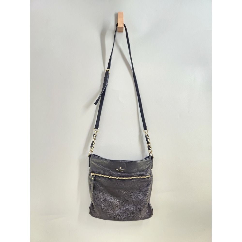 Kate Spade Crossbody Bag Womens Medium Black Pebbled Leather Gold Hardware